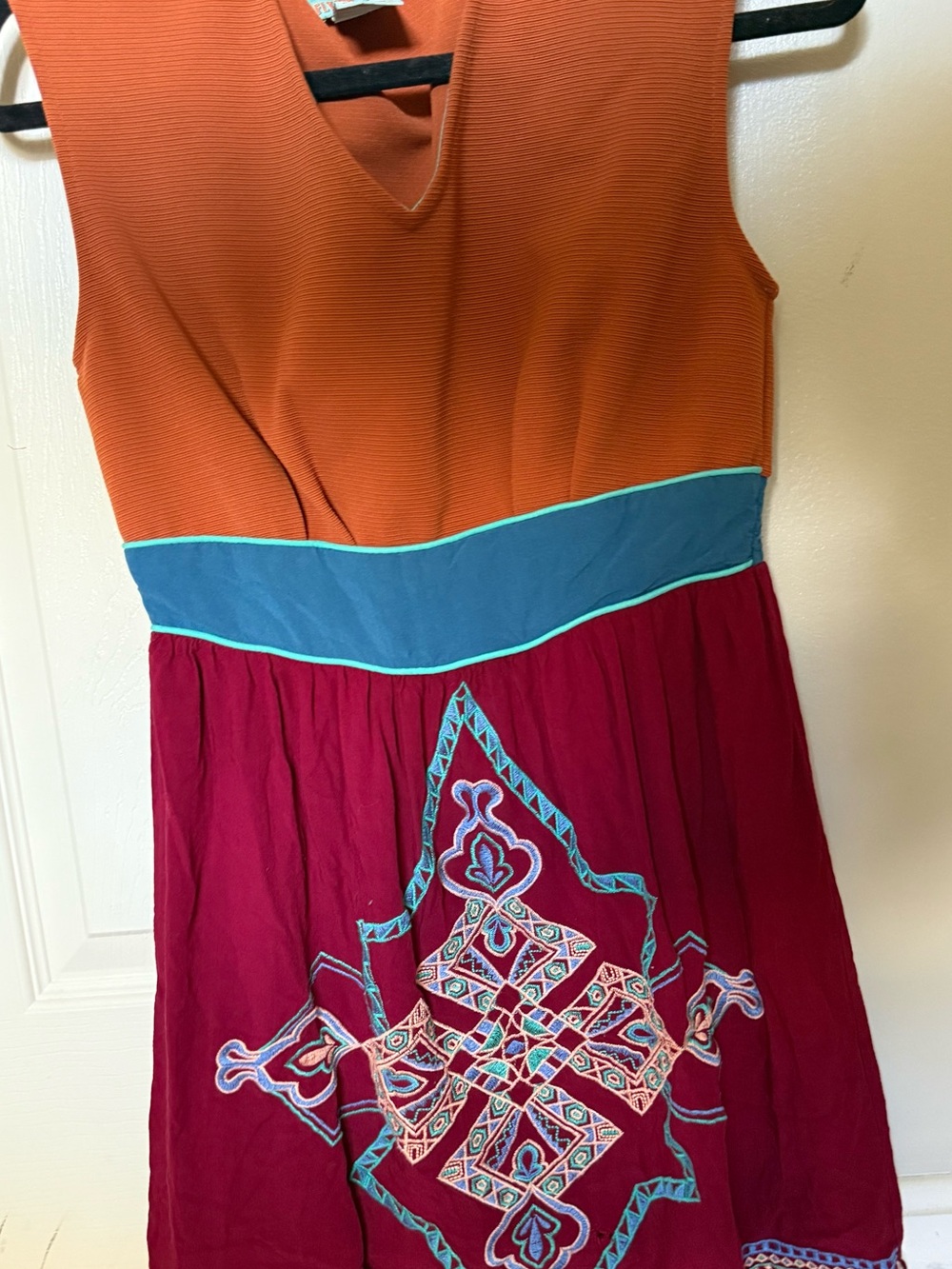 Flying Tomato Orange V-Neck Dress with Teal Waist and Magenta Skirt